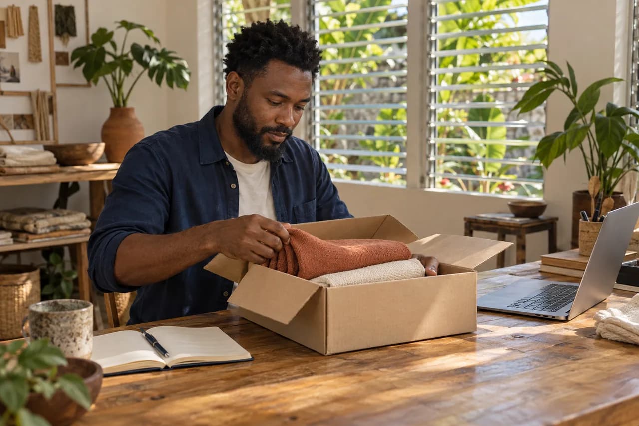 Illustrative scene of a Jamaican small-business owner checking a purchase in his studio
